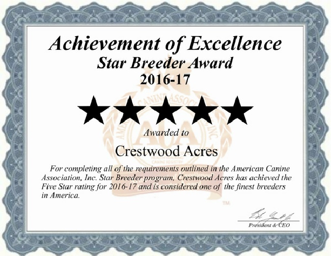 crestwood, acres, kennels, dog, breeder, 2017cert, crestwood acres, kennel, lyons, ny