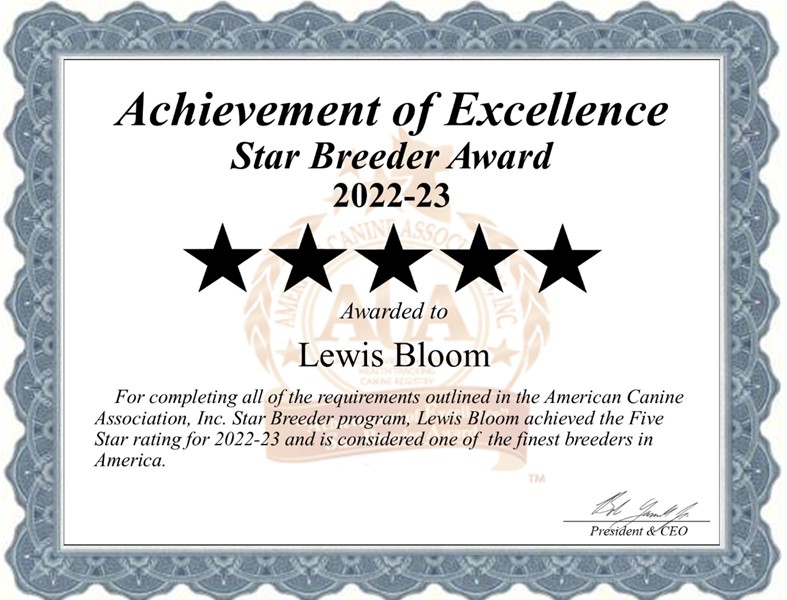 Lewis Bloom Dog Breeder Star Breeder Certificate