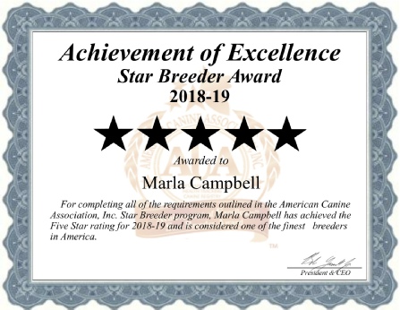 Marla Campbell dog breeder cert